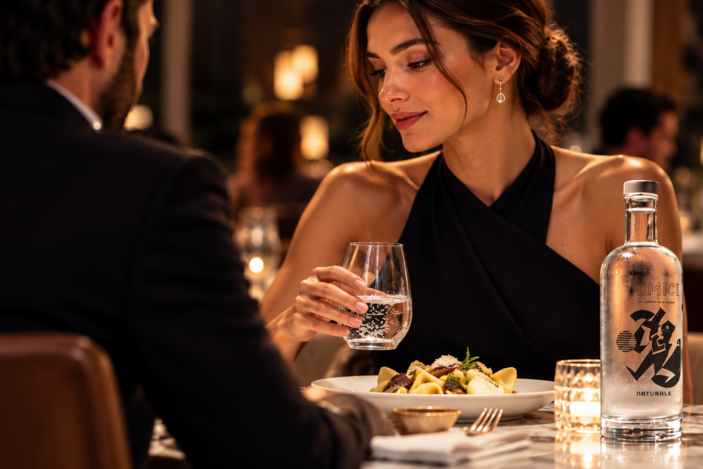 AMICI Bali dining experience with reusable Naturale water bottle
