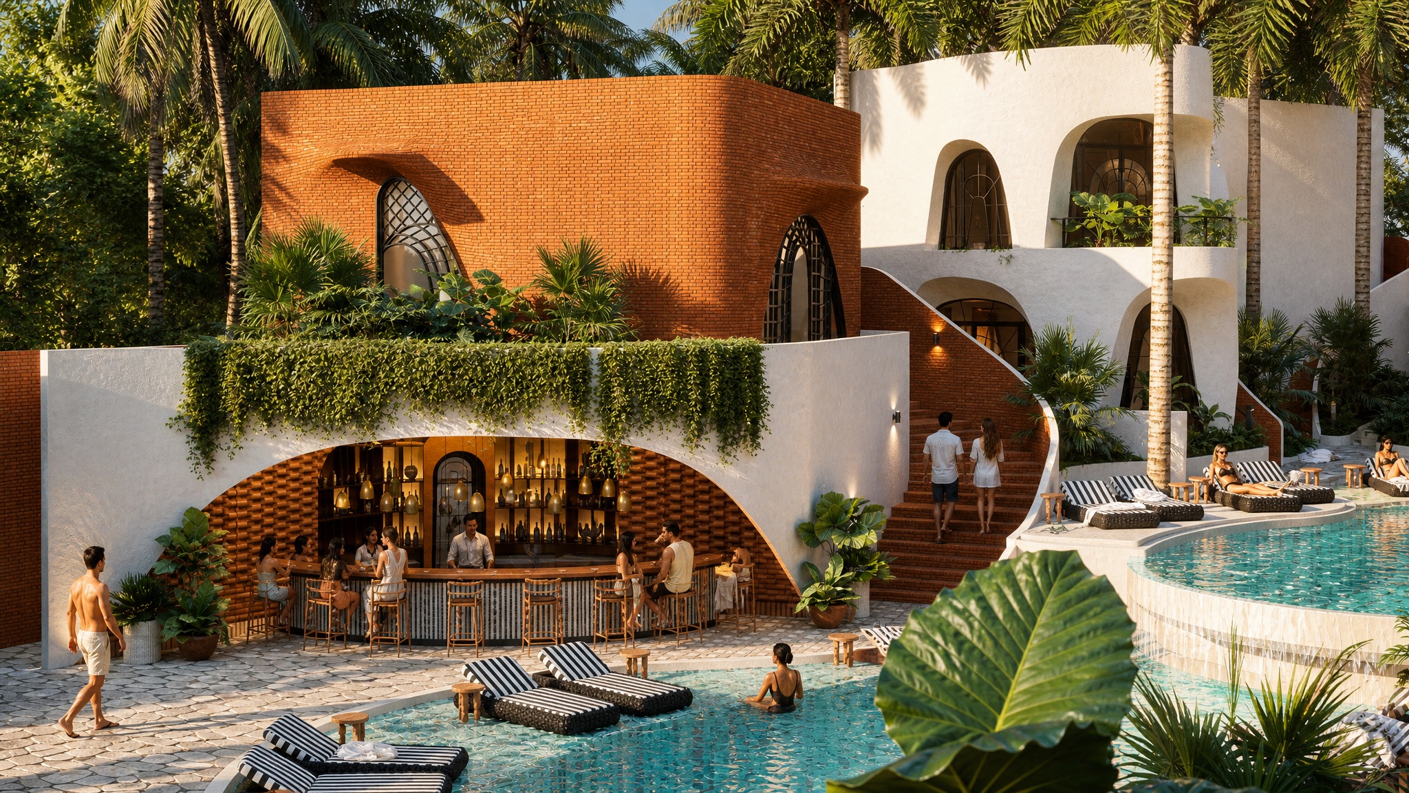 Pre-opening visual of Heritage Boutique Hotel Uluwatu showing the arched pool bar and tropical courtyard