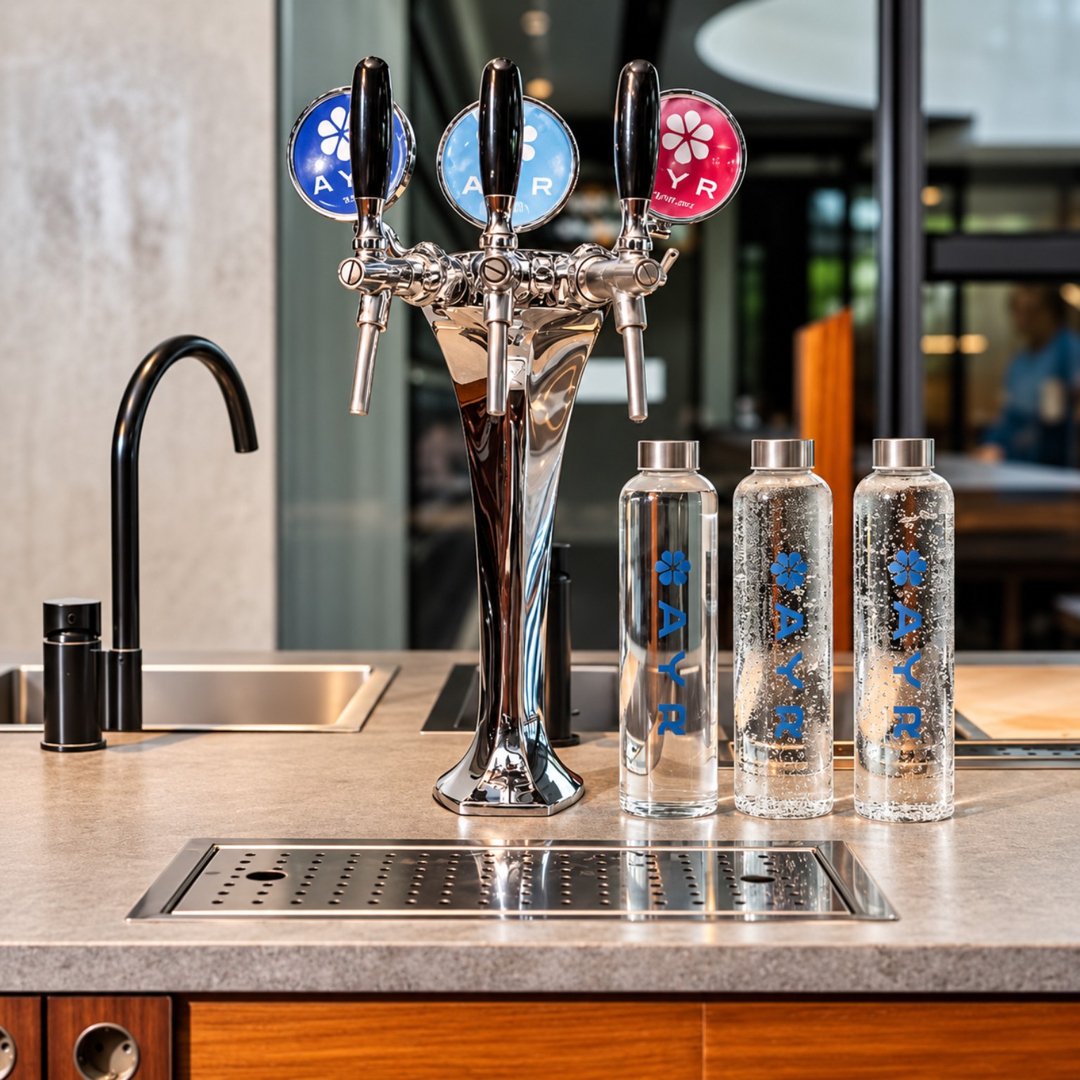 AYR Flow three-tap water dispensing tower installed on a hospitality counter beside three reusable AYR Water glass bottles with silver caps.